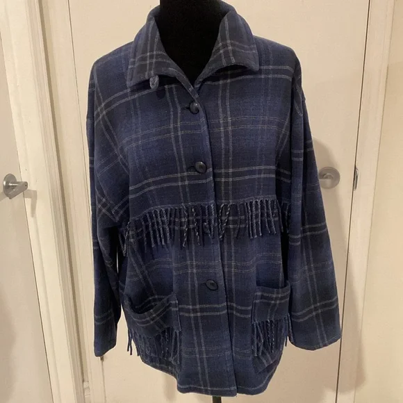 Collections Internationale Fringed women’s Blue Plaid Blazer/Jacket Size Large - Picture 9 of 17